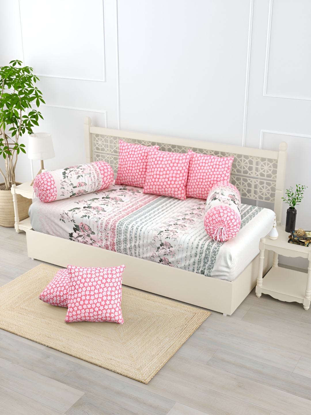 

Salona Bichona Pink & Grey 8 Pieces Floral Printed Pure Cotton Diwan Set