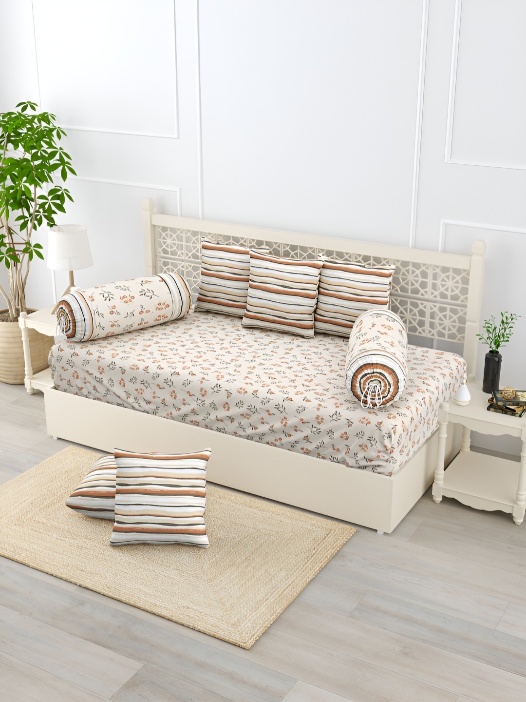 

Salona Bichona Brown & beige 8 Pieces Floral Printed Pure Cotton Diwan Set