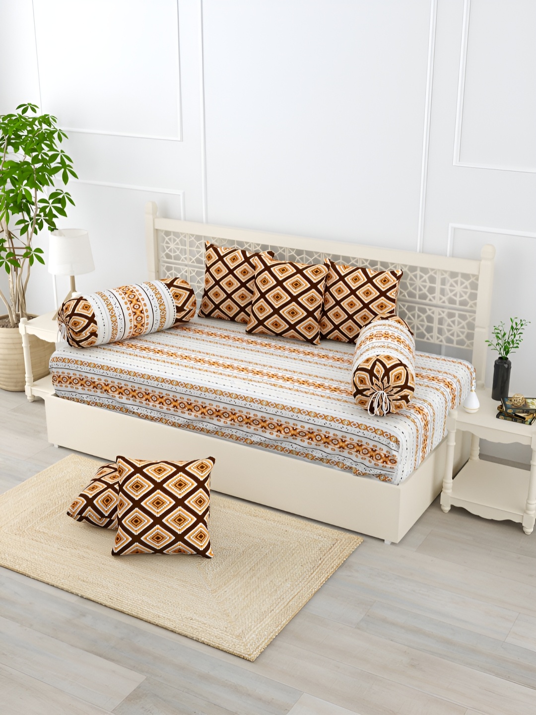 

Salona Bichona Brown & White 8 Pieces Ethnic Motifs Printed Pure Cotton Diwan Set