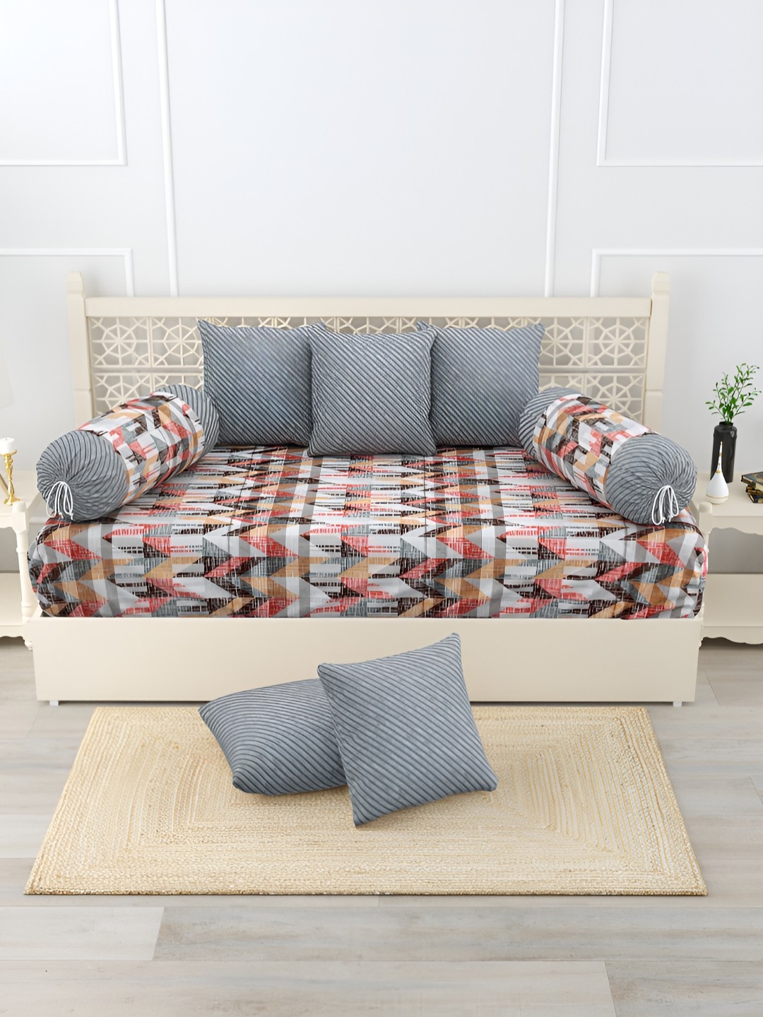 

Salona Bichona Grey & Orange 8 Pieces Geometric Printed Pure Cotton Diwan Set