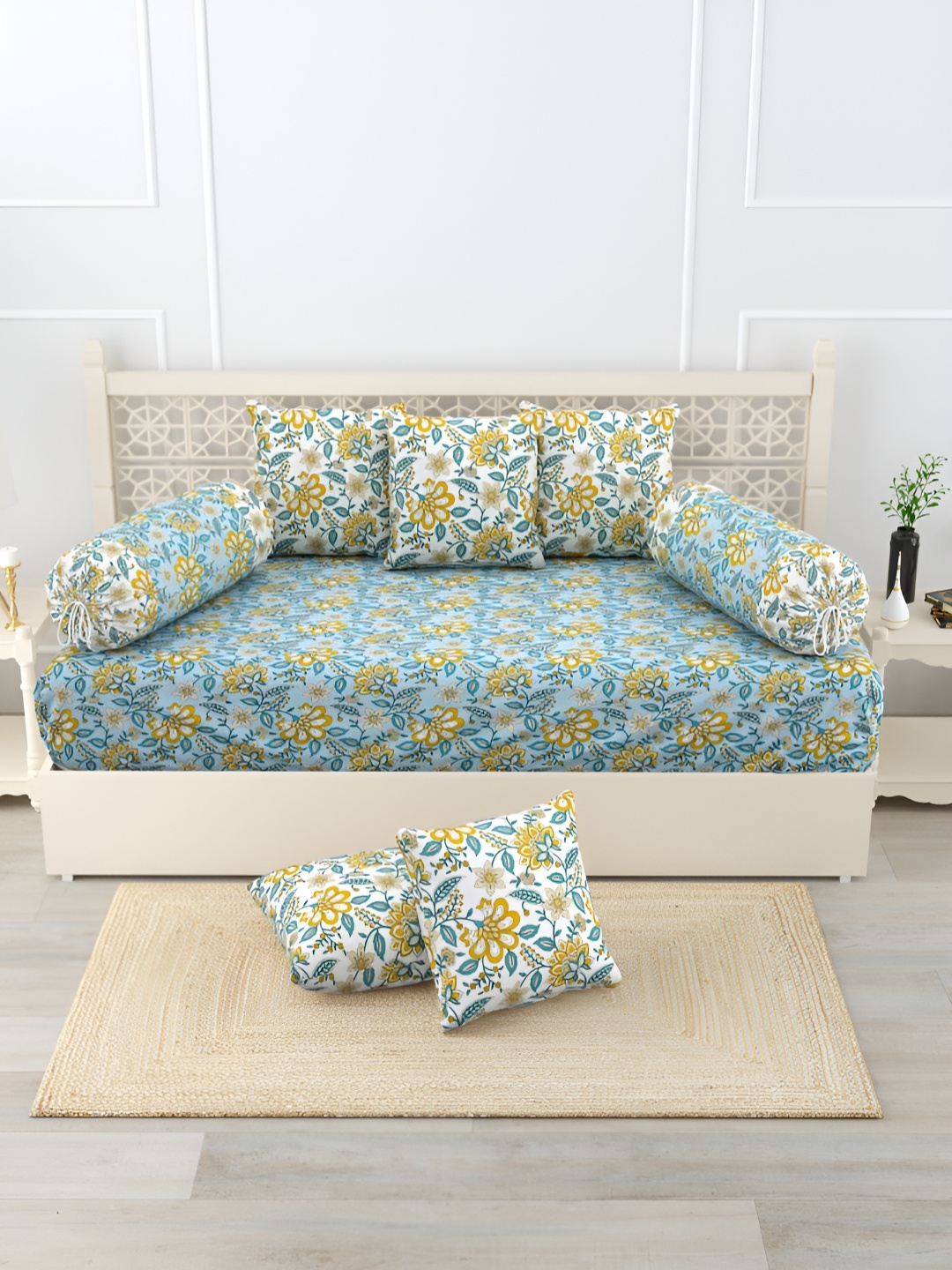 

Salona Bichona Blue & Green 8 Pieces Floral Printed Pure Cotton Diwan Set