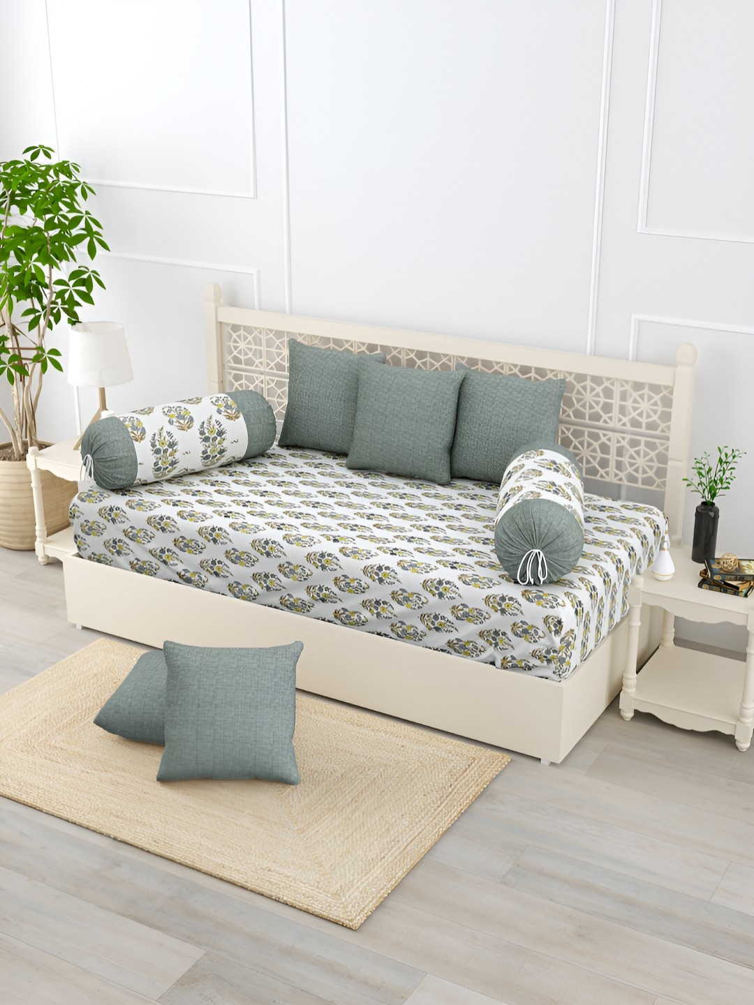 

Salona Bichona Green & Grey 8 Pieces Floral Printed Pure Cotton Diwan Set