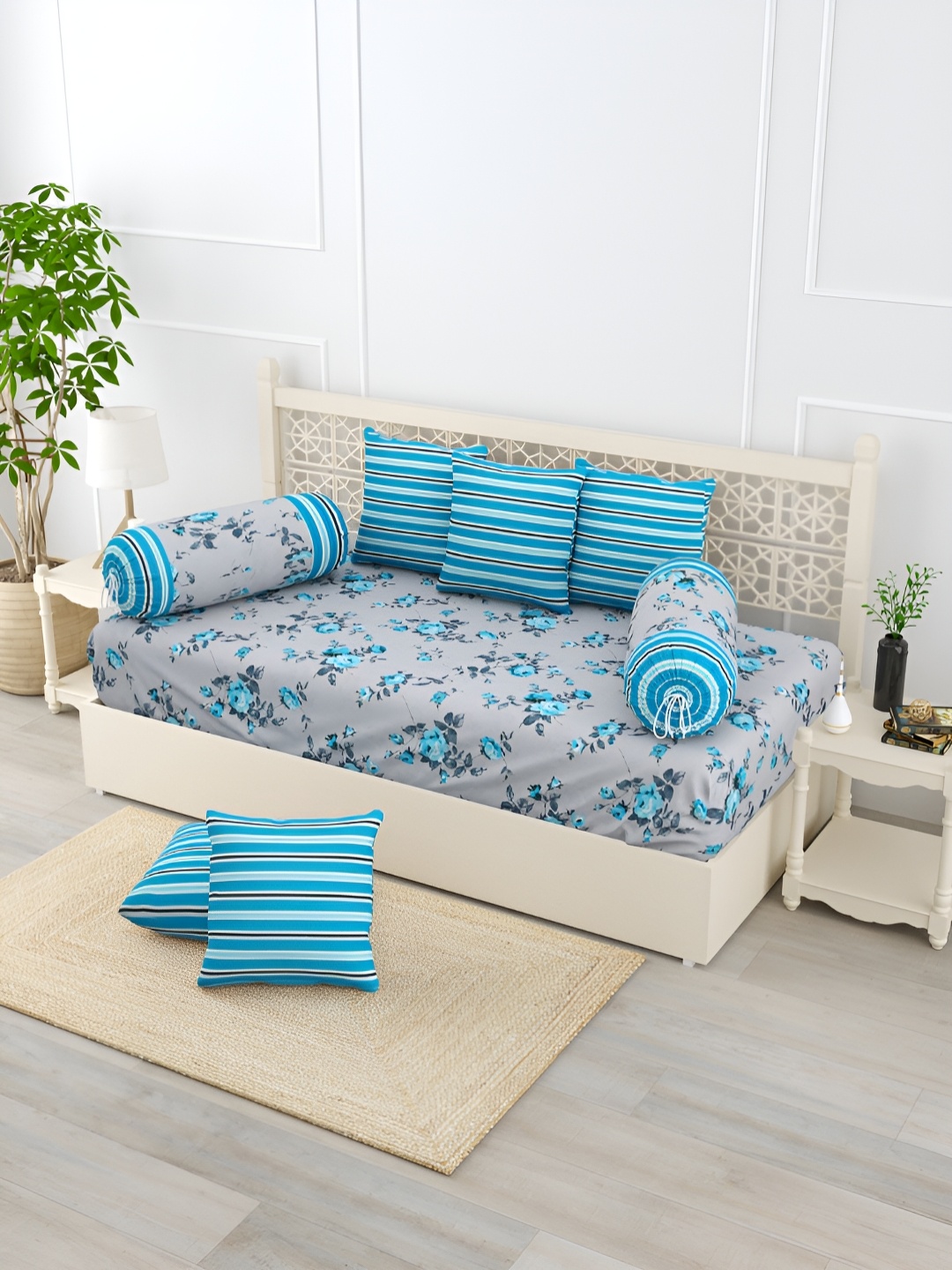 

Salona Bichona Blue & Grey 8 Pieces Floral Printed Pure Cotton Diwan Set