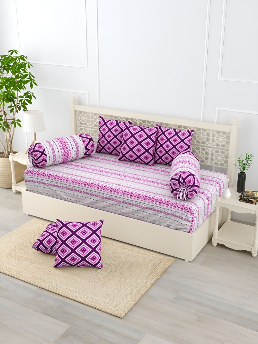 

Salona Bichona Pink & White 8 Pieces Geometric Printed Pure Cotton Diwan Set