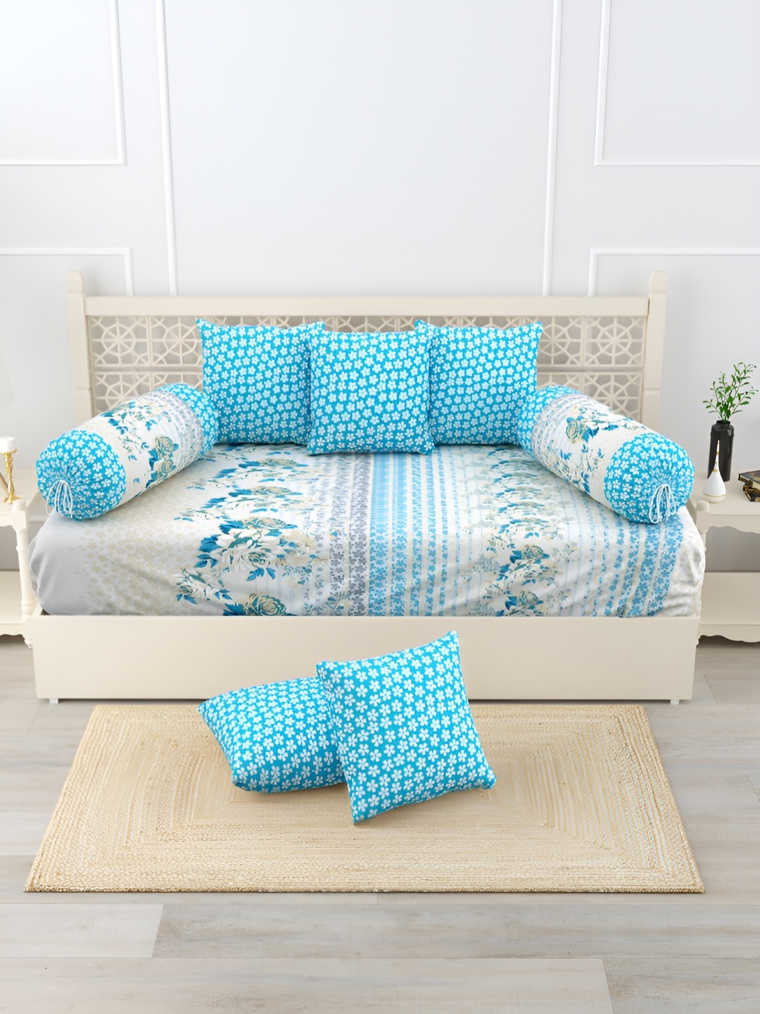 

Salona Bichona Blue & White 8 Pieces Floral Printed Pure Cotton Diwan Set