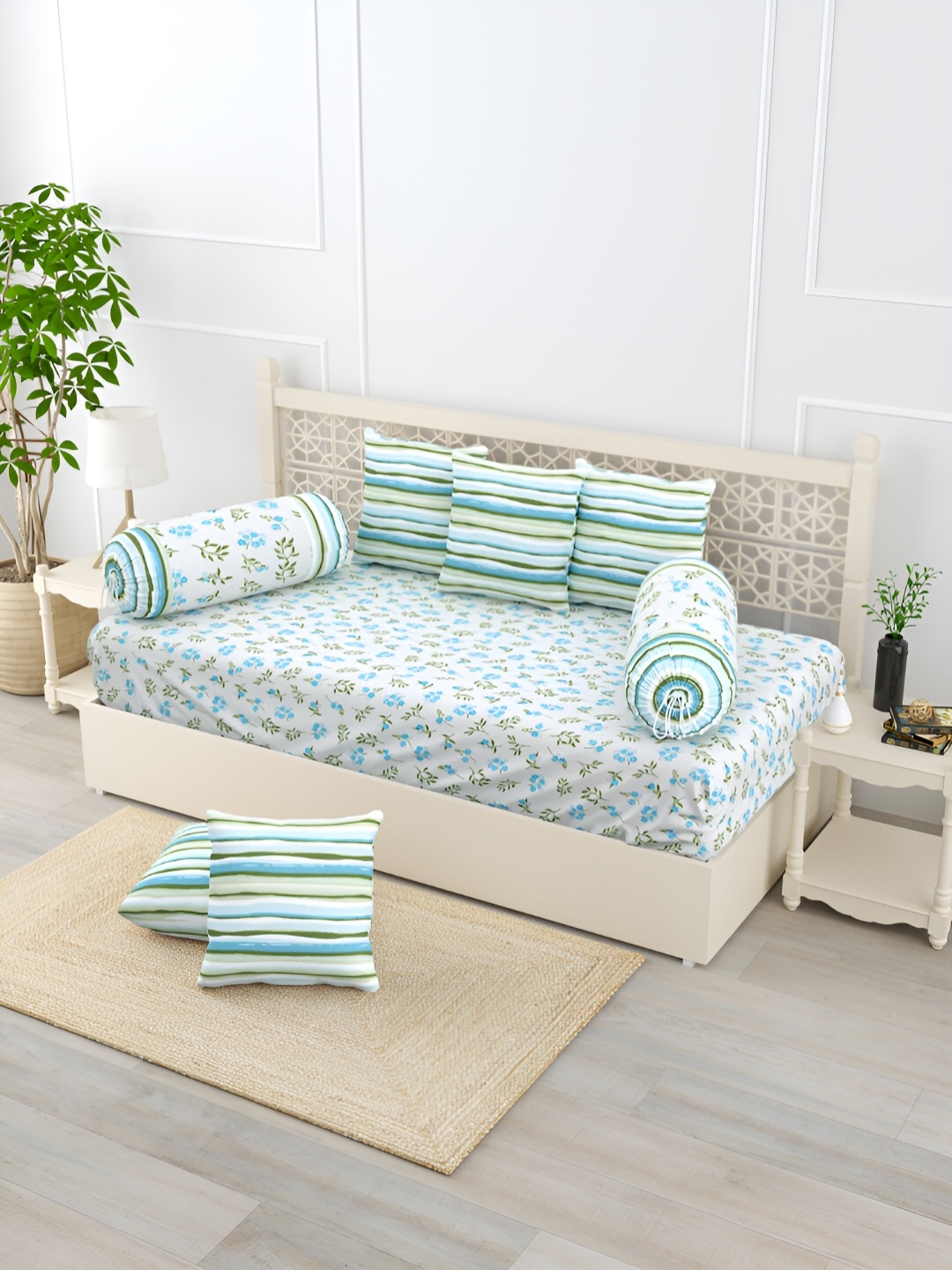 

Salona Bichona Green & White 8 Pieces Floral Printed Pure Cotton Diwan Set