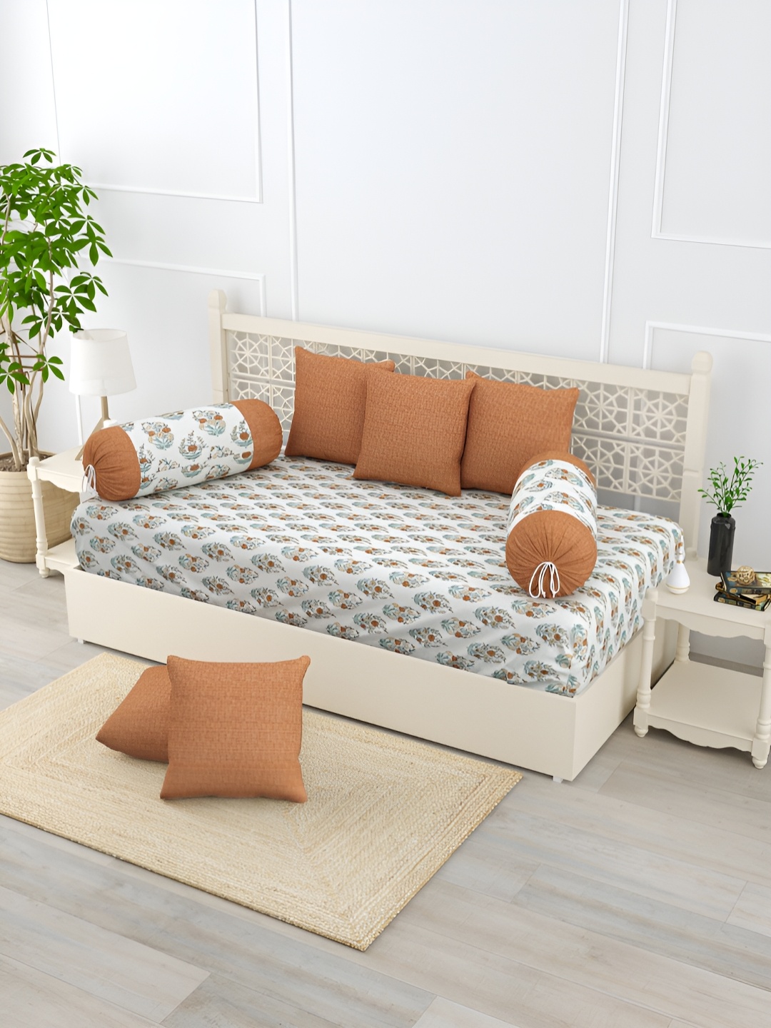 

Salona Bichona Brown & Off White 8 Pieces Floral Printed Pure Cotton Diwan Set