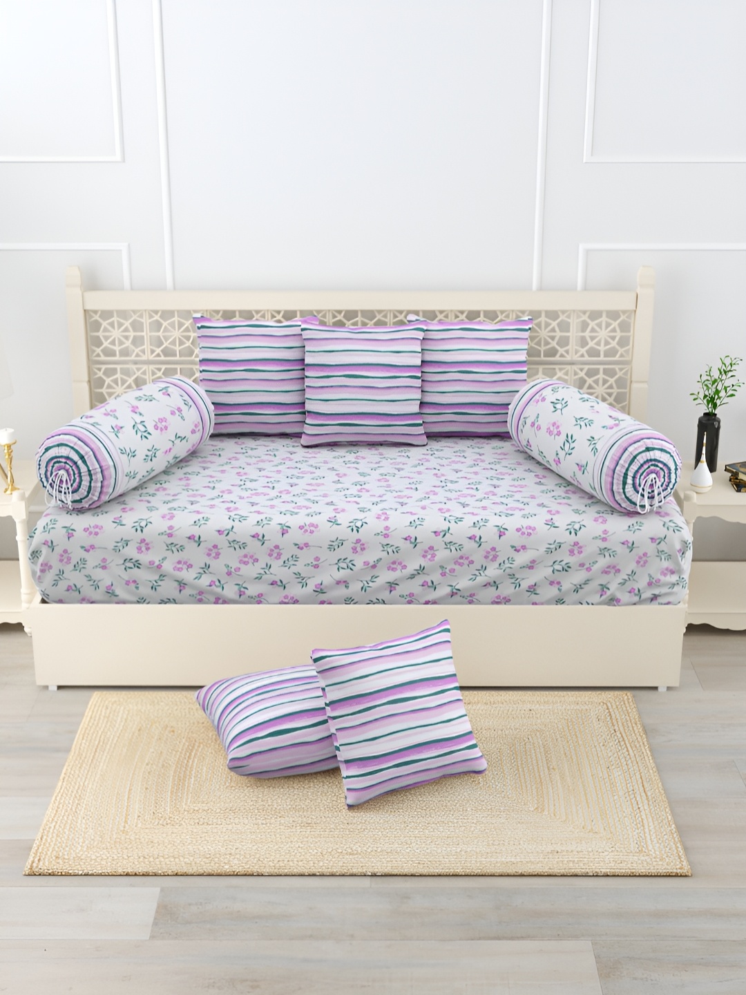 

Salona Bichona Purple & White 8 Pieces Floral Printed Pure Cotton Diwan Set
