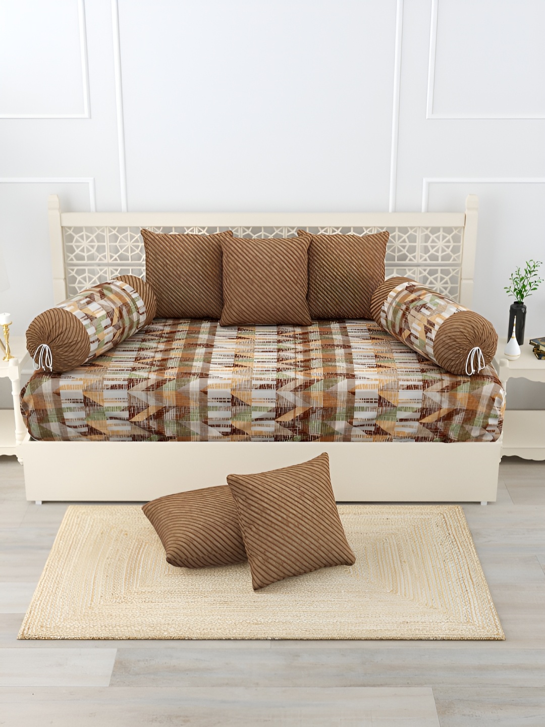 

Salona Bichona Brown & Beige 8 Pieces Striped Pure Cotton Diwan Set