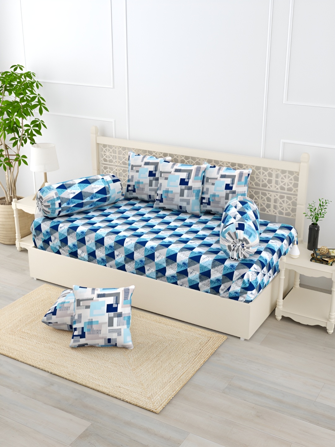 

Salona Bichona Blue & White 8 Pieces Geometric Printed Pure Cotton Diwan Set