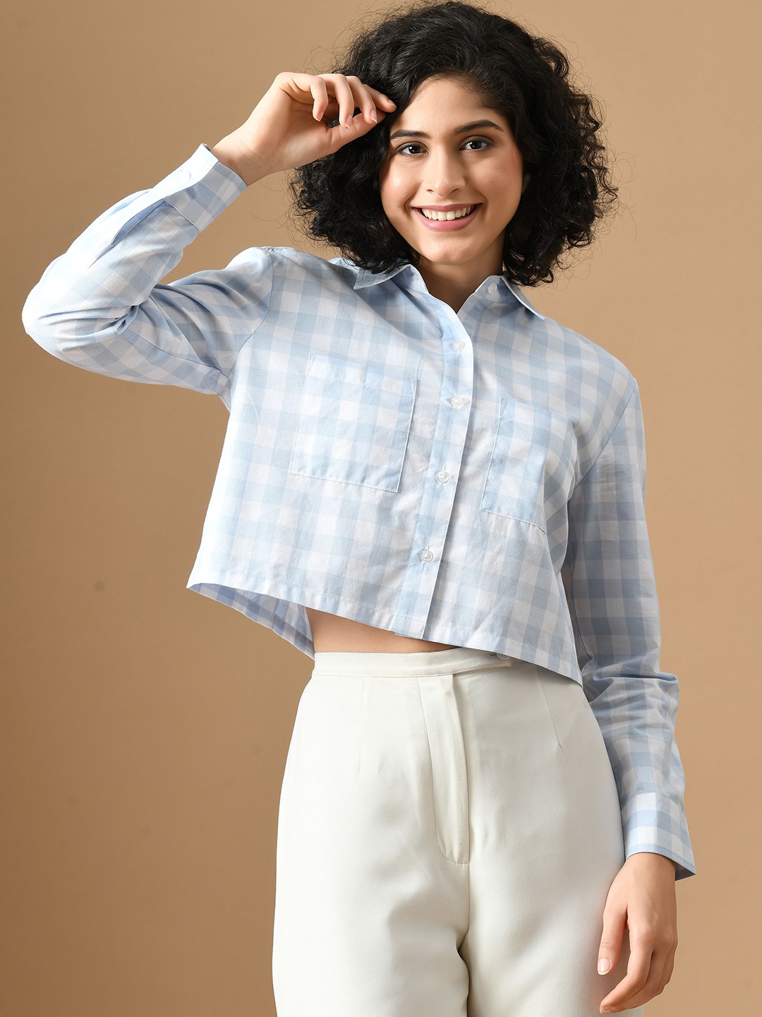 

PANDORNA Checked Shirt Style Cotton Crop Top, White