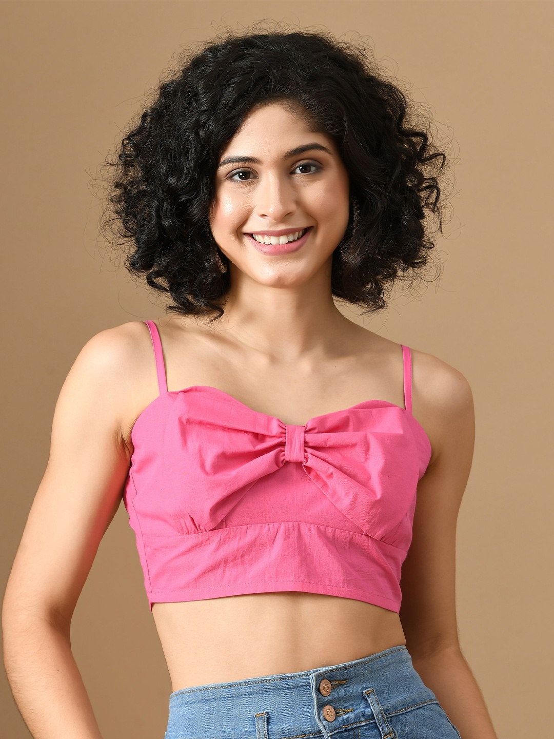 

PANDORNA Solid Gathered Shoulder Straps Bralette Cotton Crop Top, Pink