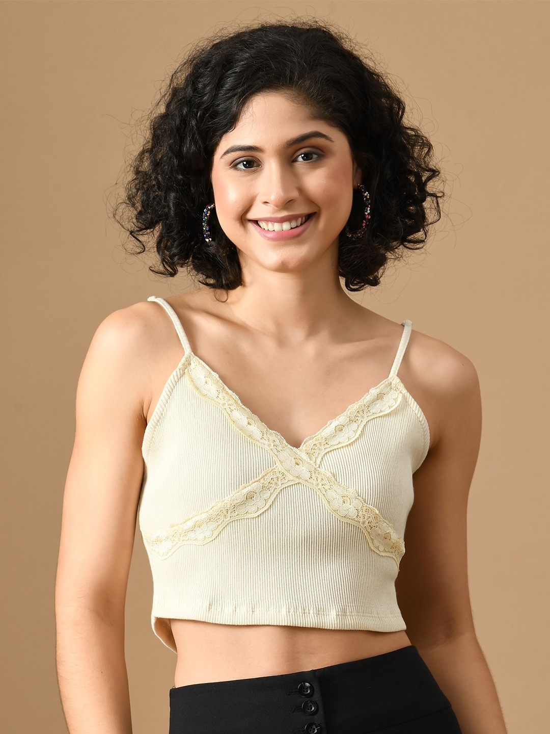 

PANDORNA Solid Lace Inserts Bralette Cami Cotton Crop Top, Off white
