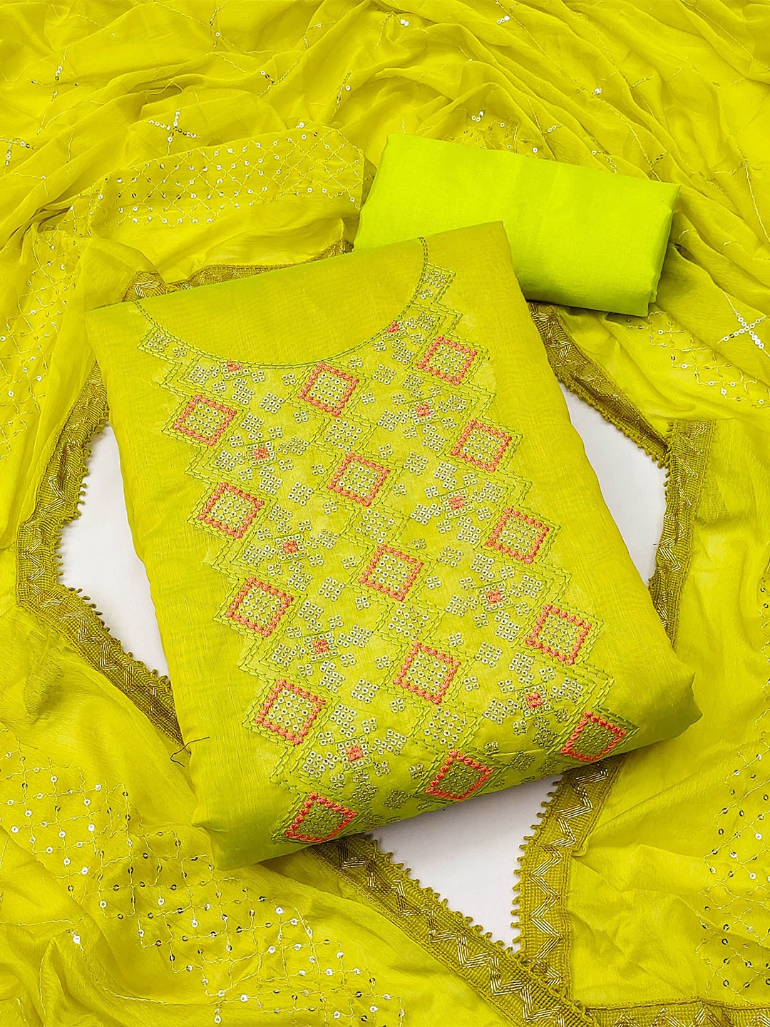 

KALINI Geometric Embroidered Sequinned Chanderi Cotton Unstitched Dress Material, Green