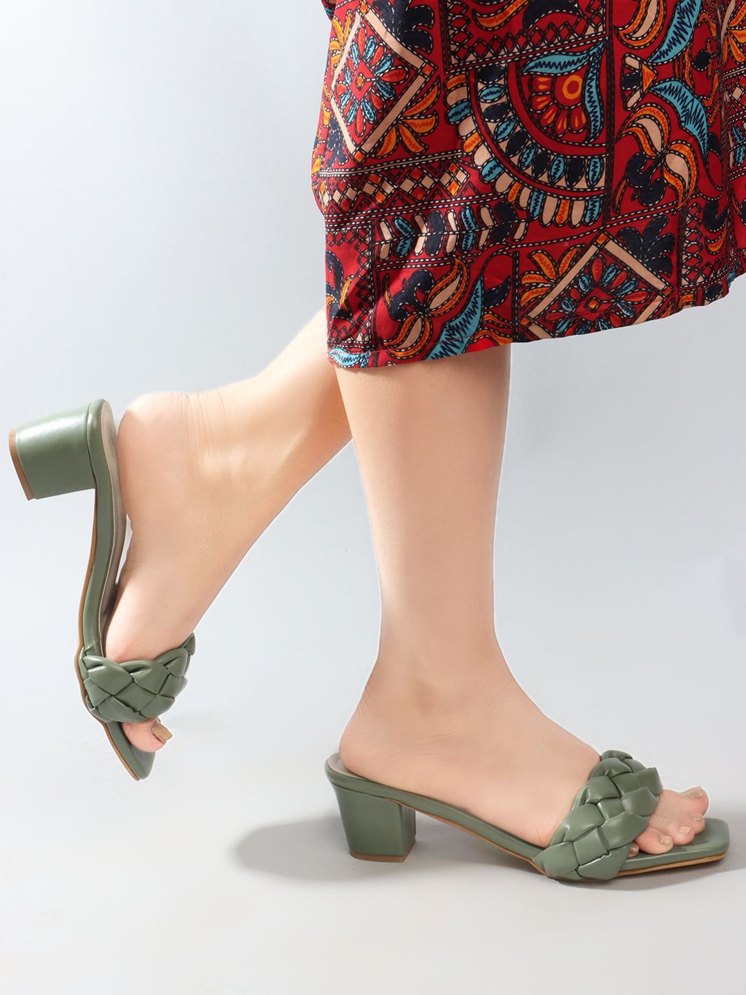 

Sole Saga Textured Open Toe Block Heels, Olive