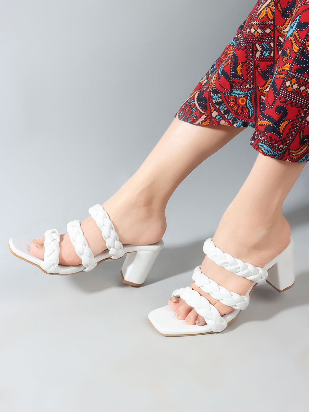 

Sole Saga Braided Open Toe Block Heels, White