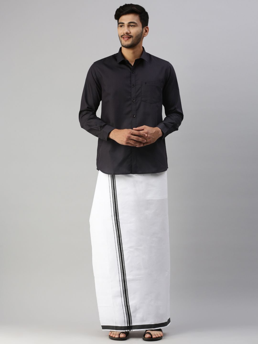 

Ramraj Long Sleeves Shirt With Border Detailed Veshti, Black