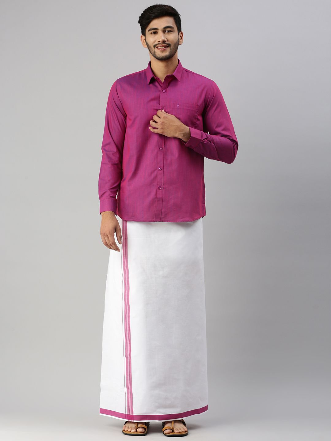 

Ramraj Long Sleeves Shirt With Border Detailed Veshti, Purple