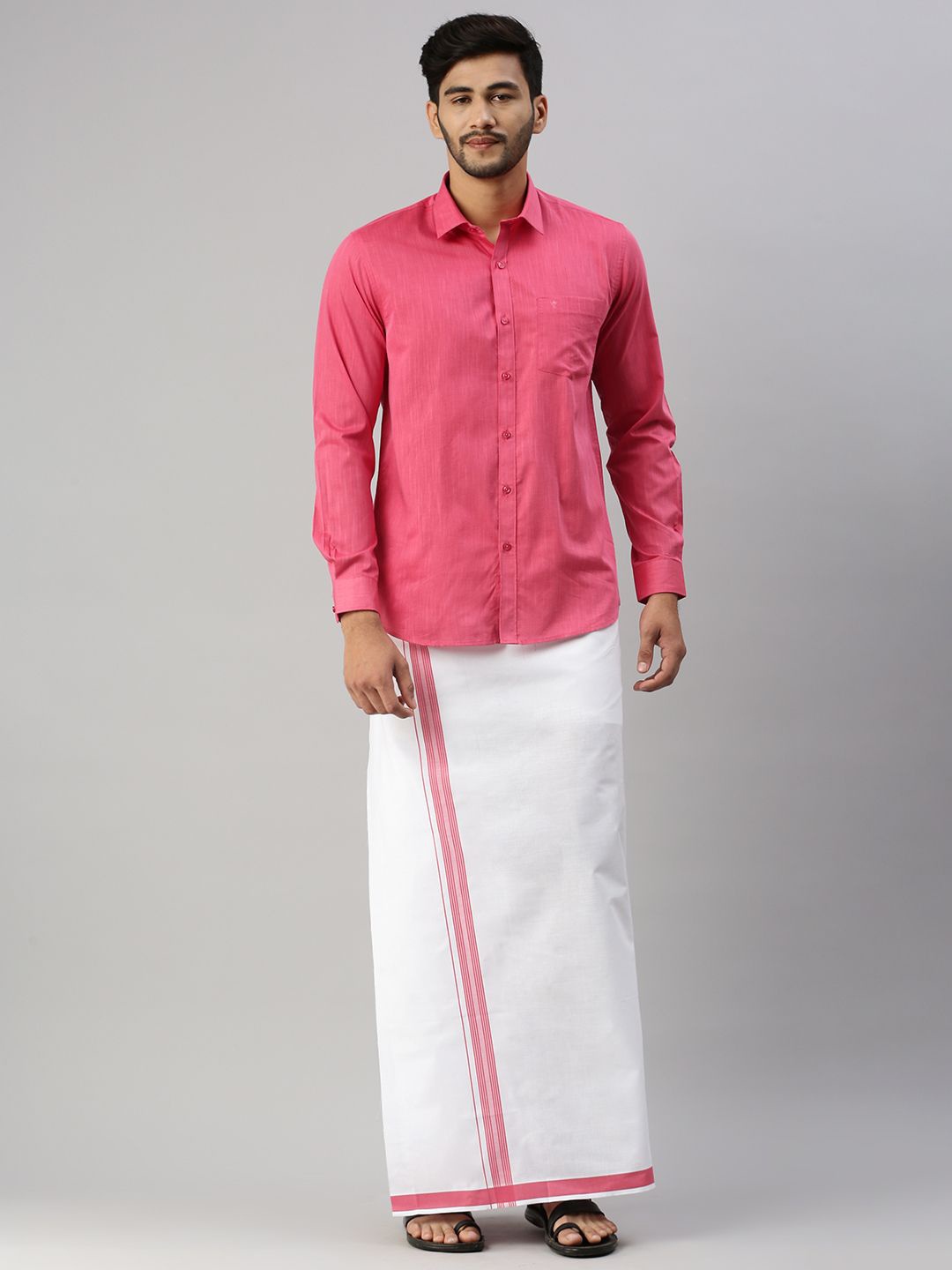 

Ramraj Long Sleeves Shirt With Border Detailed Veshti, Pink