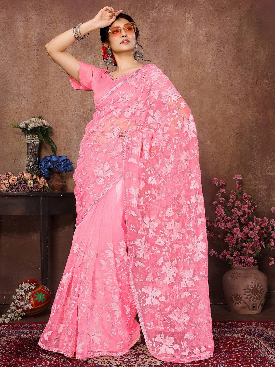 

KALINI Floral Printed Organza Saree, Pink