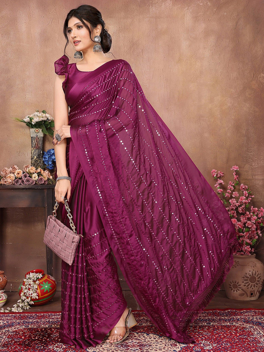 

KALINI Embellished Leheriya Saree, Purple