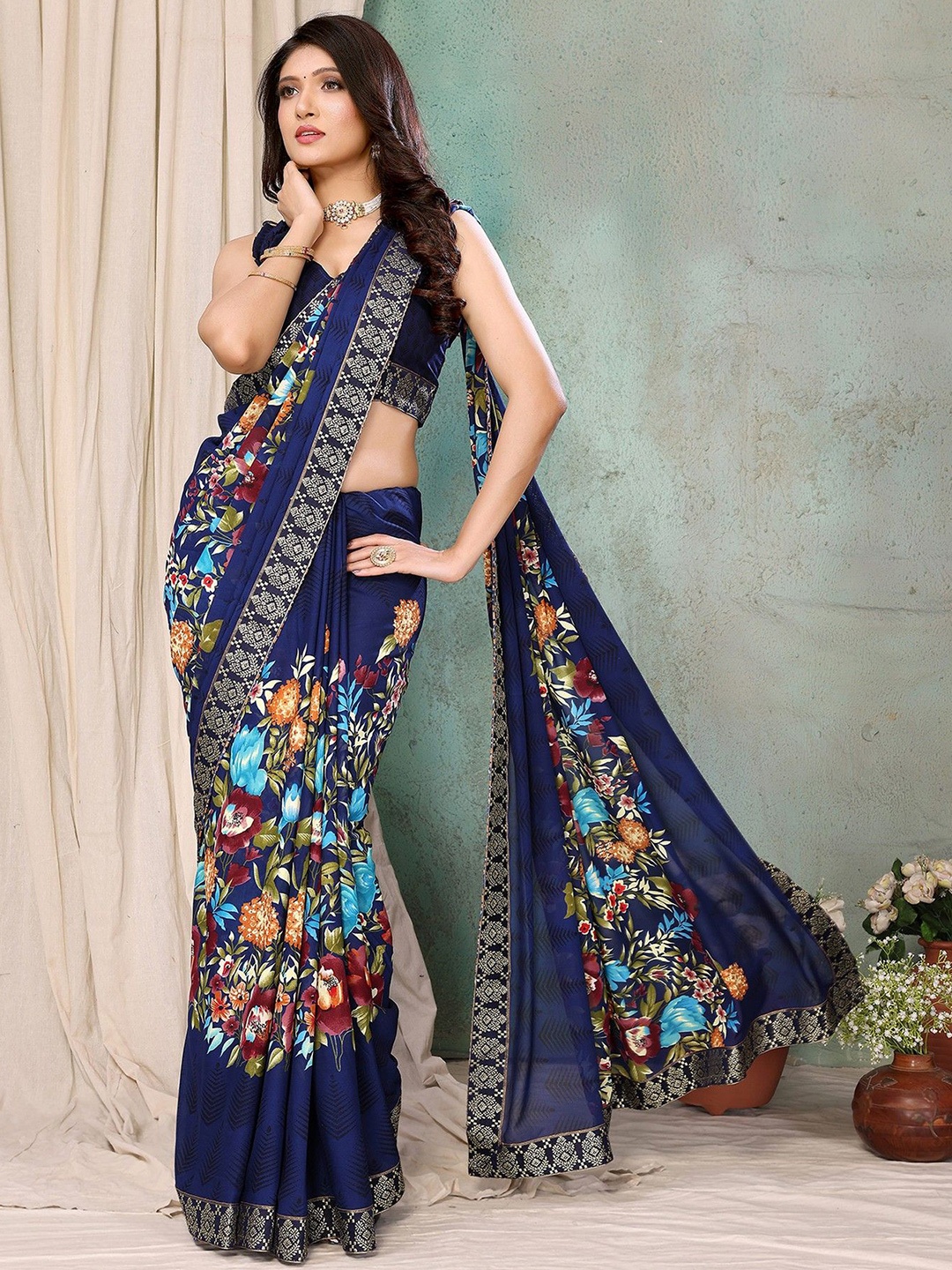 

KALINI Floral Printed Saree, Navy blue
