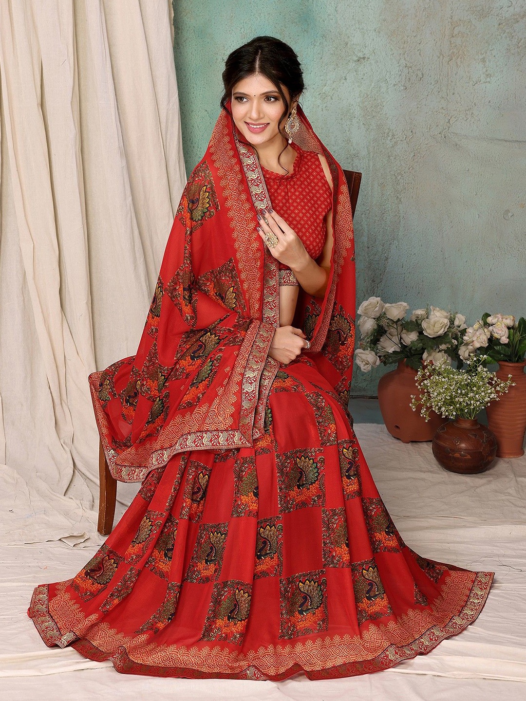 

KALINI Ethnic Motifs Printed Saree, Red