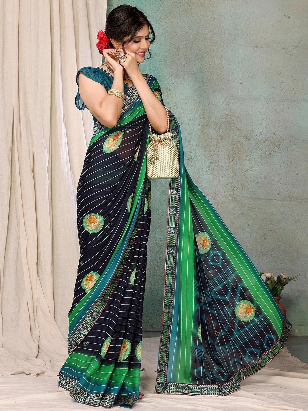 

KALINI Striped Saree, Teal