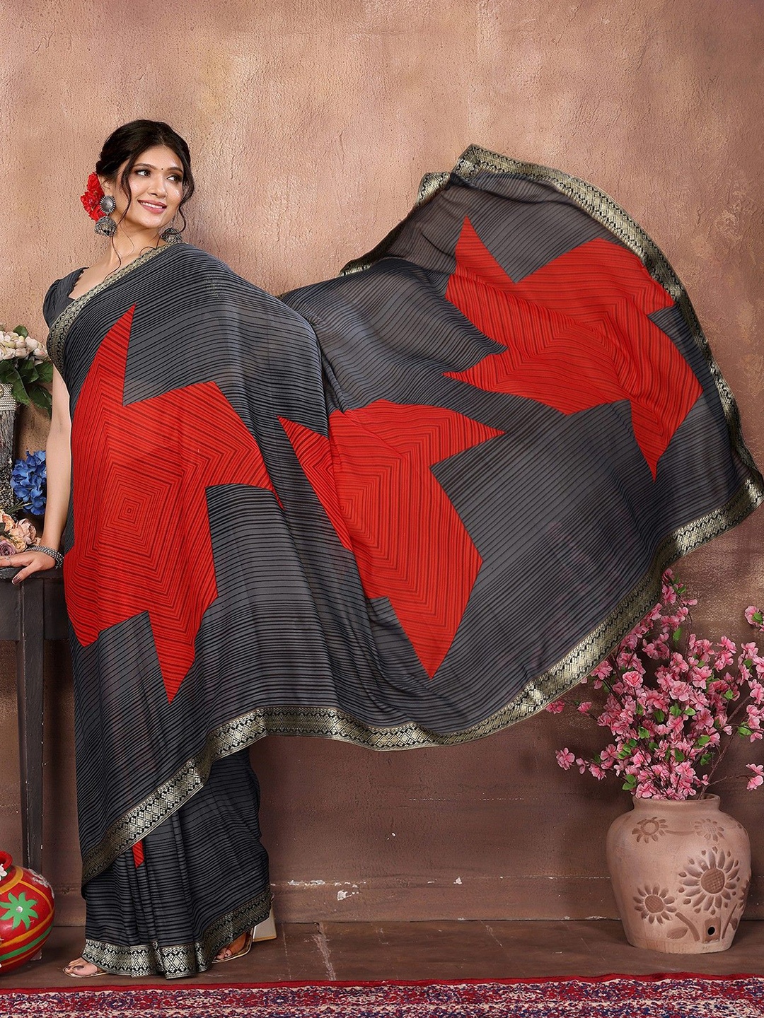 

KALINI Striped Zari Saree, Grey
