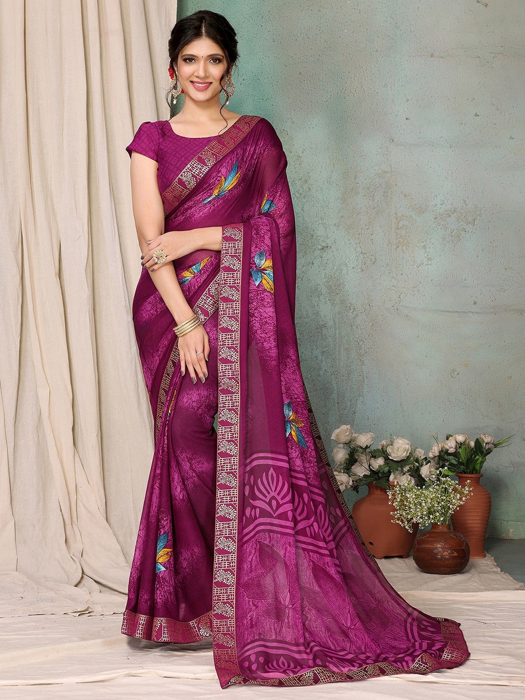 

KALINI Floral Printed Saree, Purple
