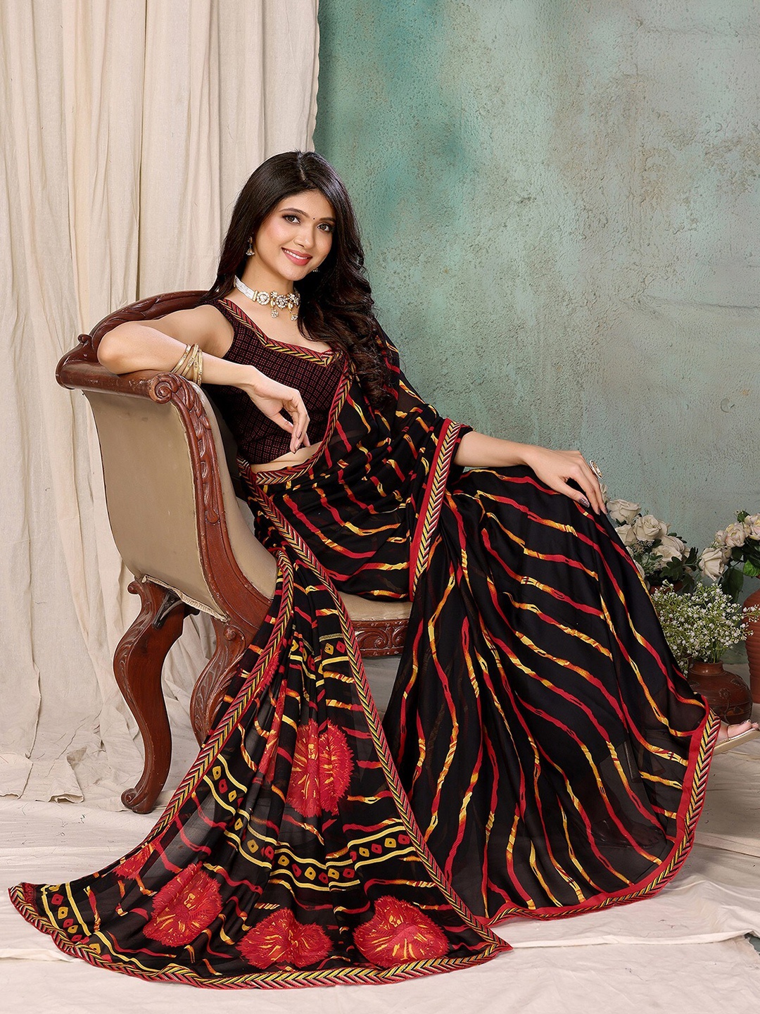 

KALINI Printed Zari Leheriya Saree, Red