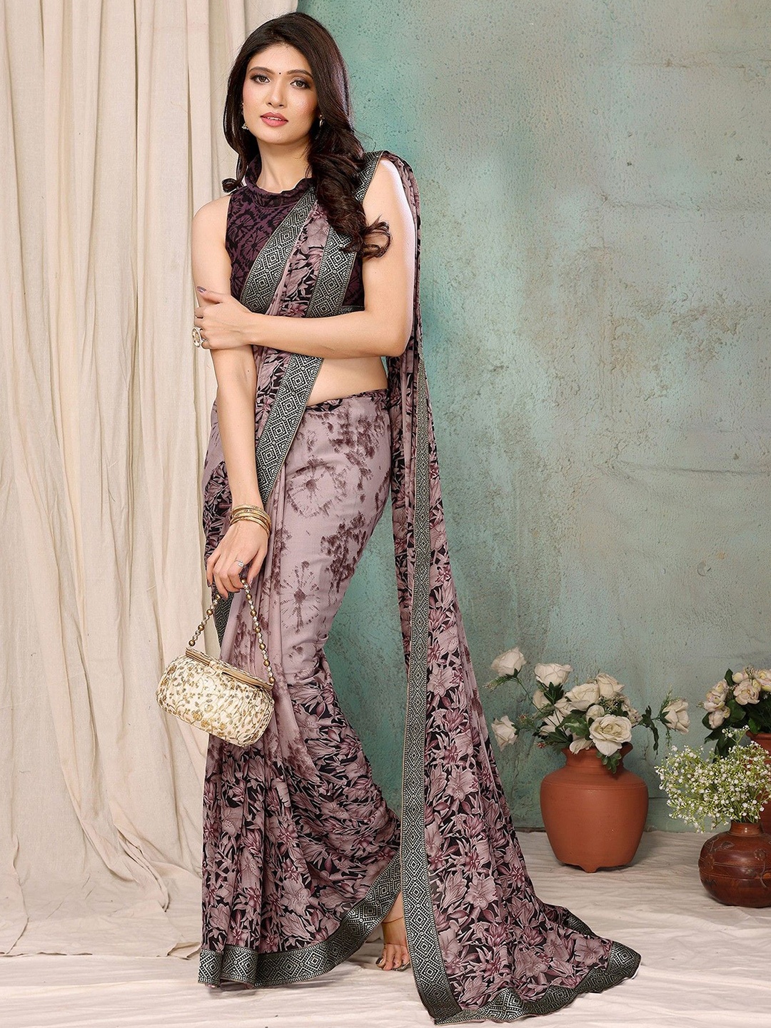 

KALINI Floral Zari Saree, Brown