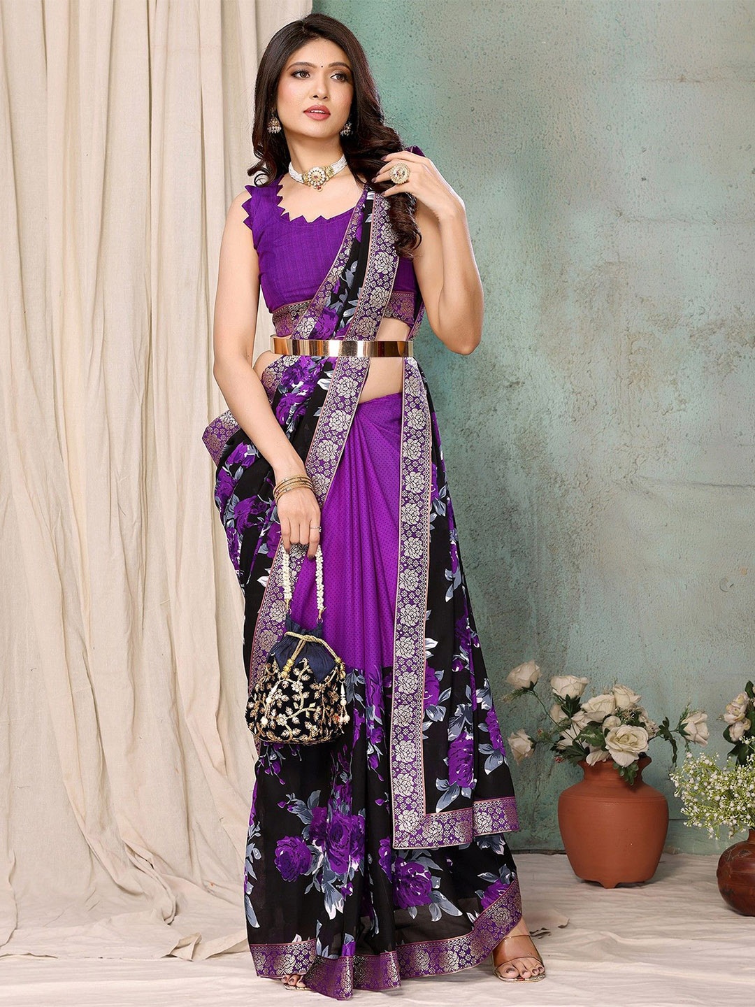 

KALINI Floral Zari Saree, Purple