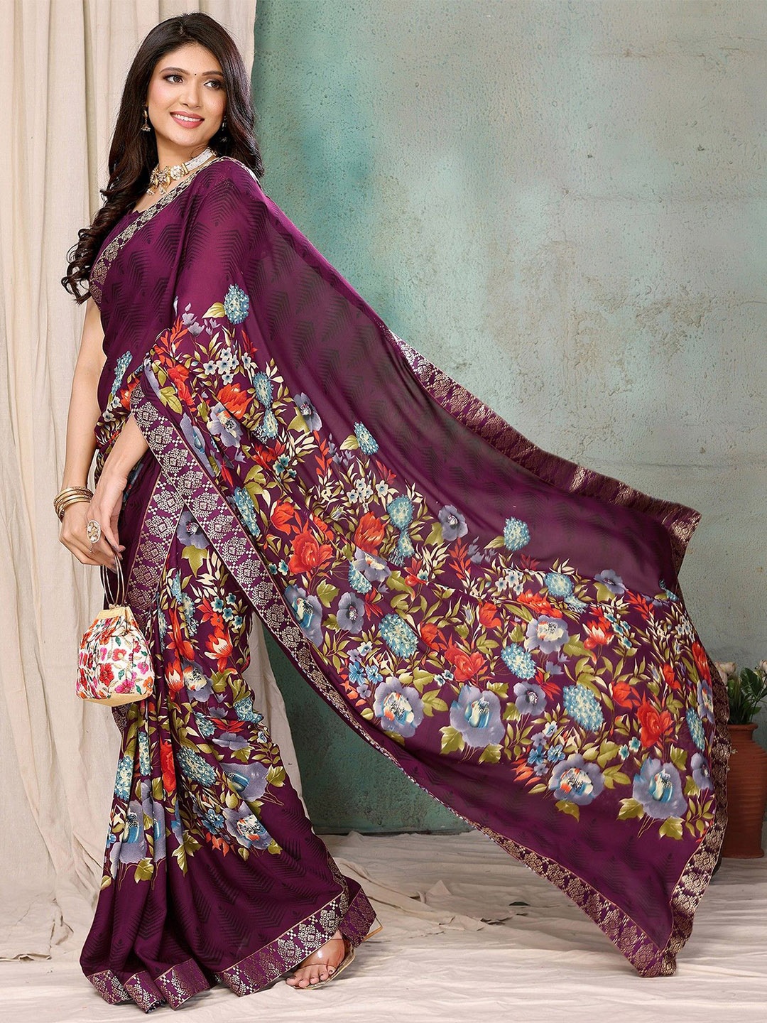 KALINI Floral Zari Saree, Purple