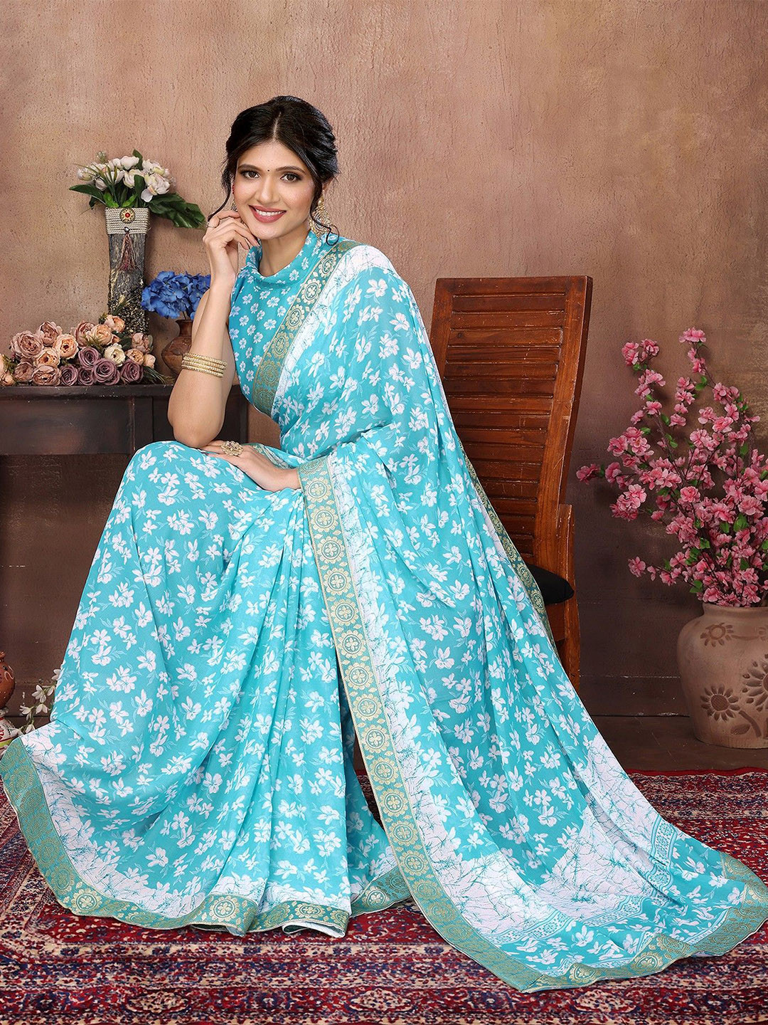 

KALINI Floral Zari Saree, Blue