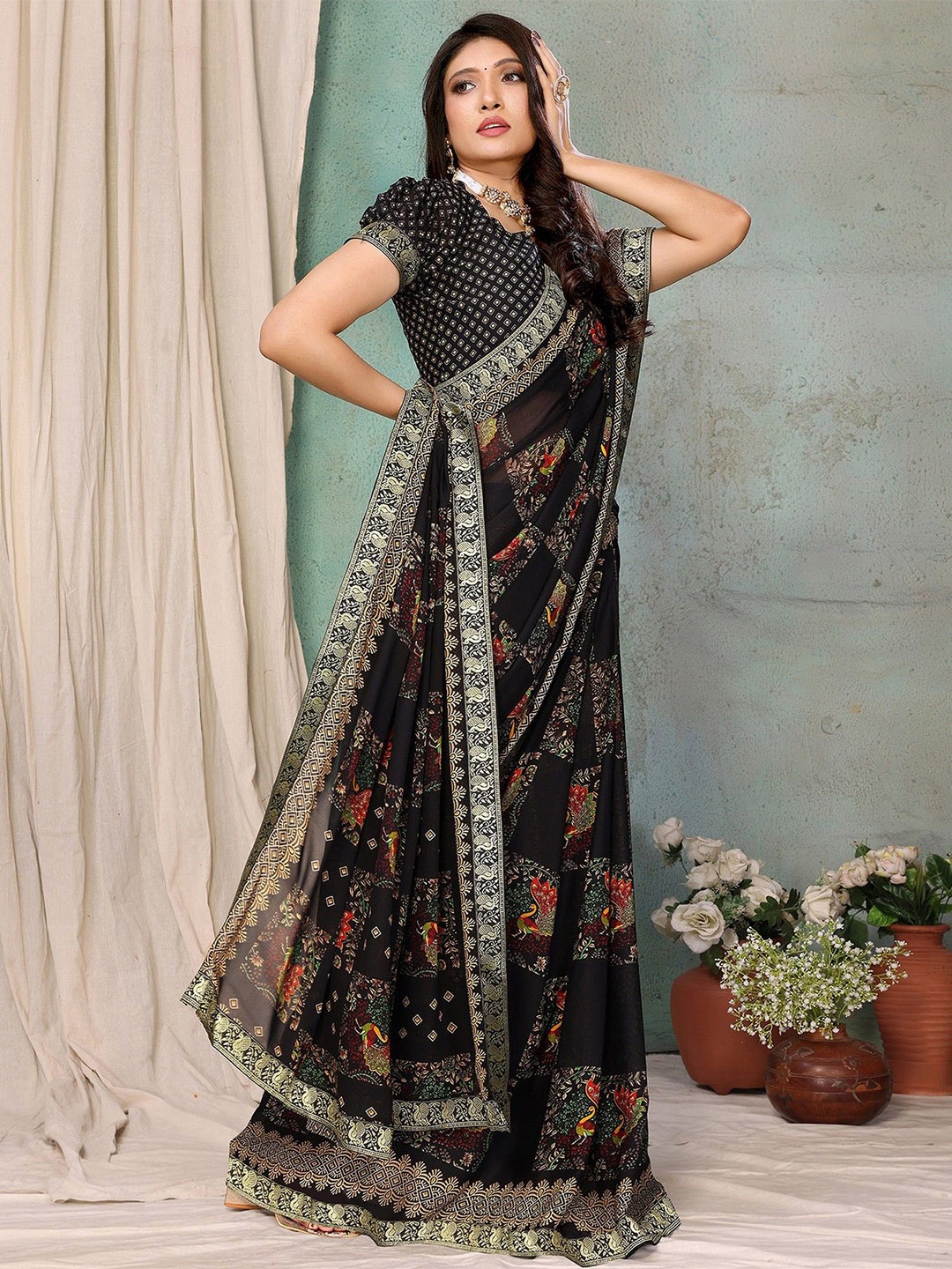 

KALINI Ethnic Motifs Zari Saree, Black