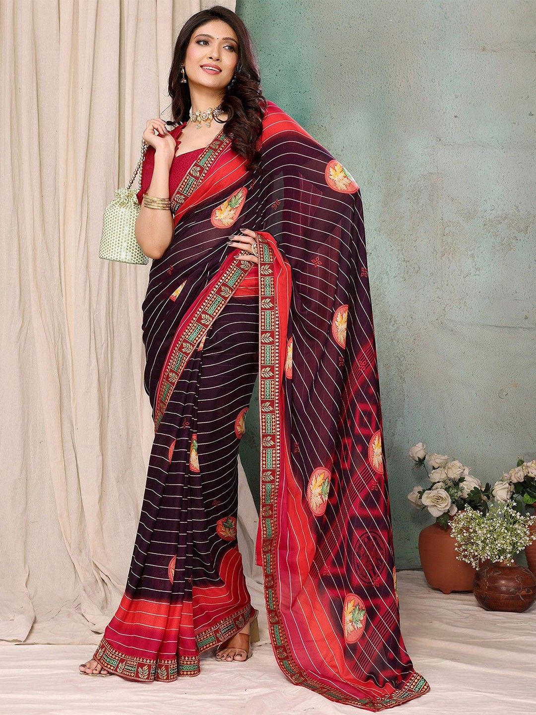 

KALINI Striped Zari Saree, Red