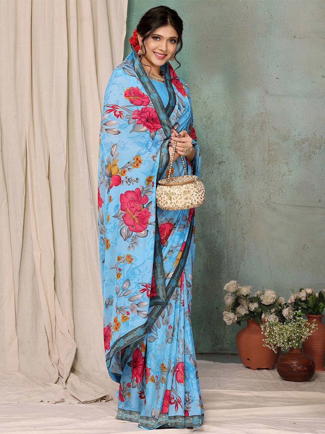 

KALINI Floral Zari Saree, Blue