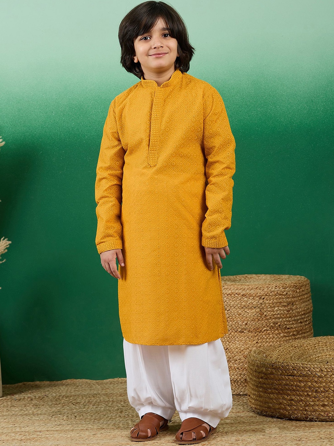 

Sangria Boys Mustard Yellow Embroidered Mandarin Collar Chikankari Cotton Straight Kurta