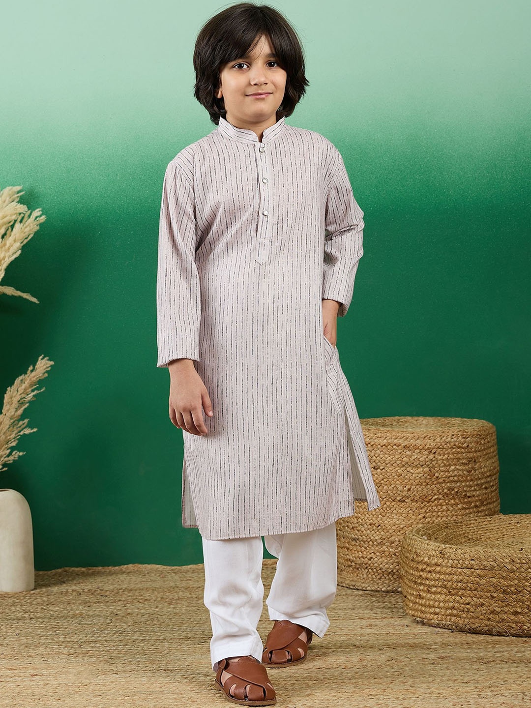 

Sangria Boys Beige Striped Mandarin Collar Cotton Straight Kurta