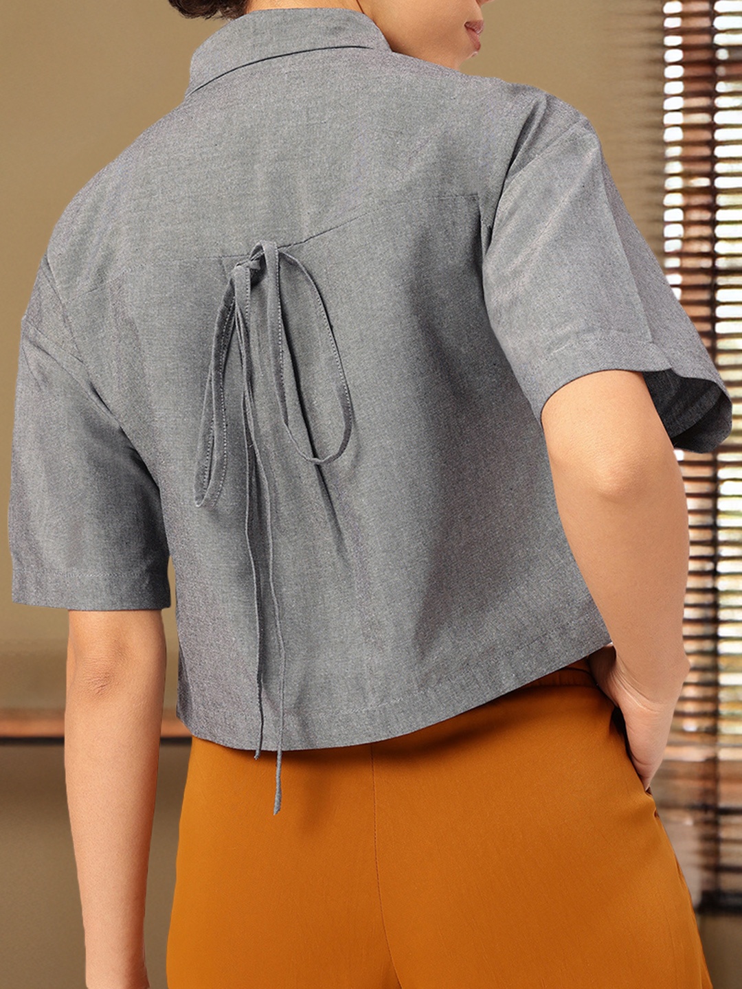 

DressBerry Core Minimalistic Tie-Up Tale Shirt Style Top, Grey