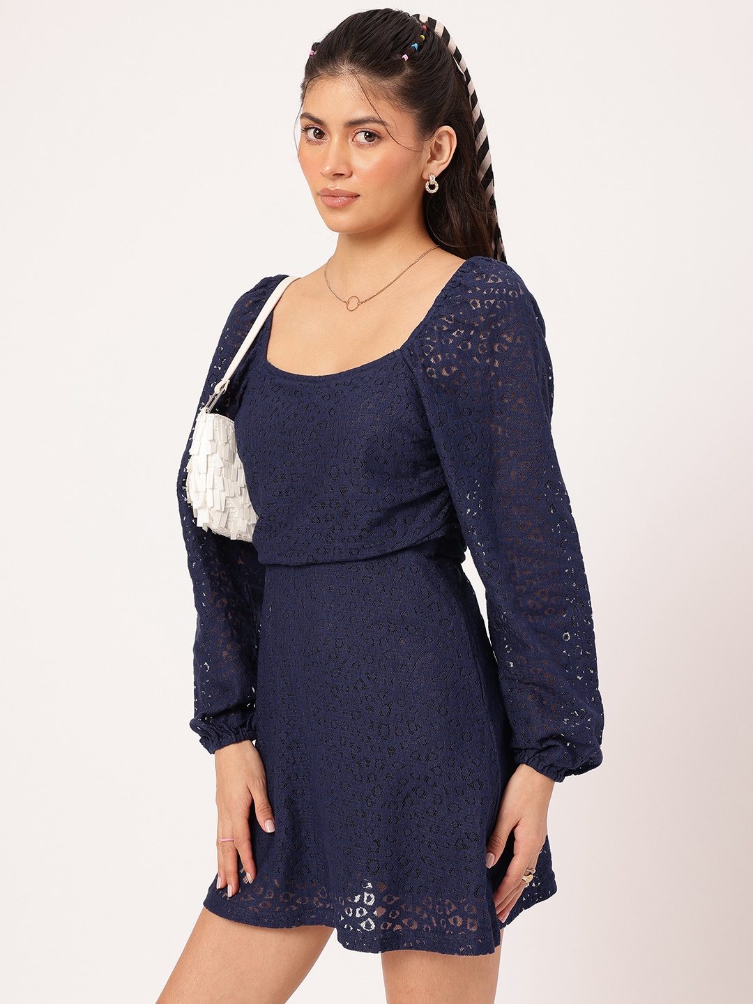 

DressBerry Everyday Stylish Lacy-Love Fit & Flare Mini Dress, Navy blue