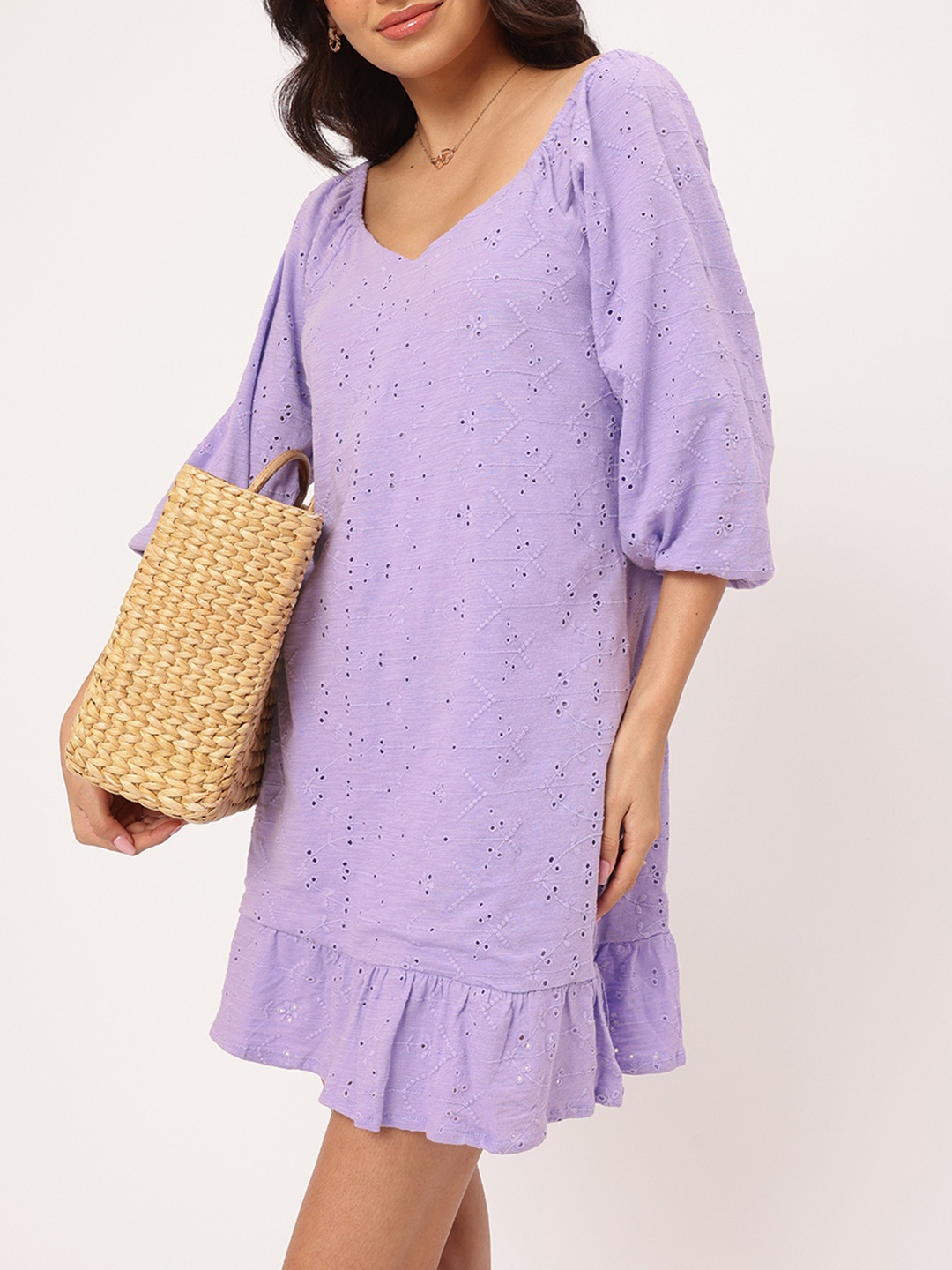 

DressBerry Schiffli Splendor Cotton Mini A-Line Dress, Lavender