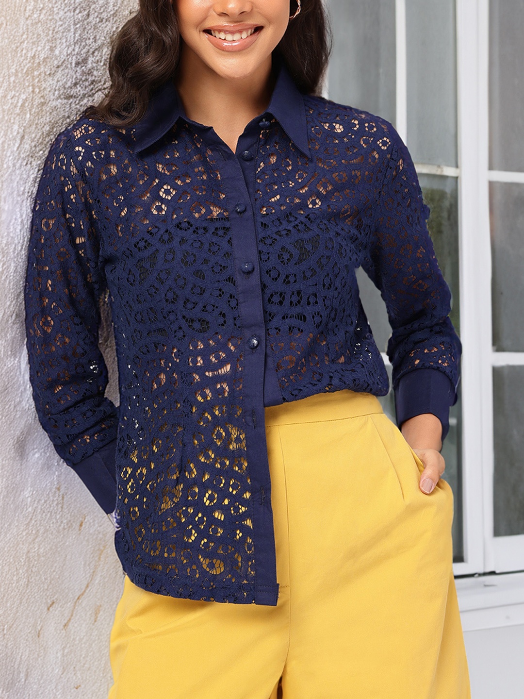 

DressBerry Parisian Chic Lace Sheer Casual Shirt, Navy blue