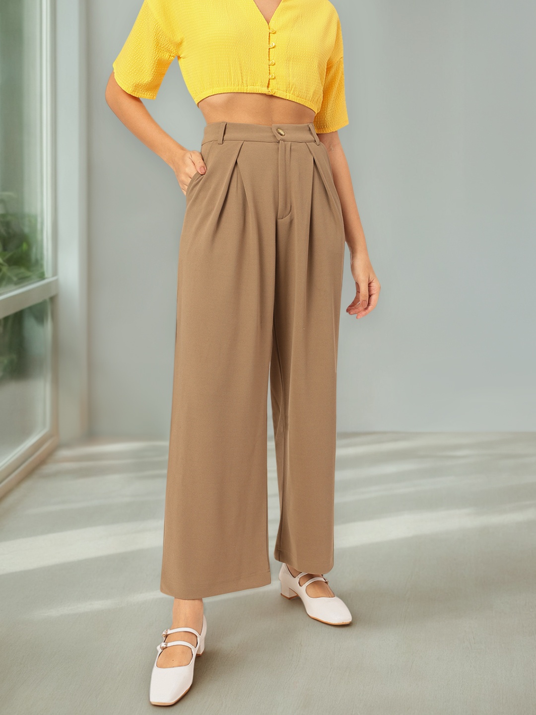 

DressBerry Weekend to Work High-Rise Pleated Parallel Trousers, Beige