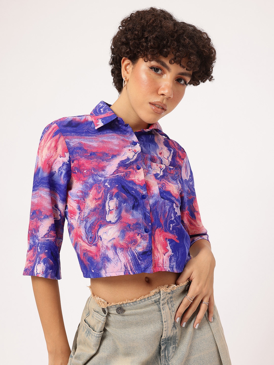 

DressBerry Celestial Dance Abstract Print Chest Pocket Crop Shirt, Purple