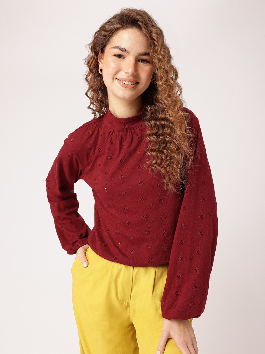 

DressBerry Vintage Vibes Schiffli Embroidered Pure Cotton Top, Maroon