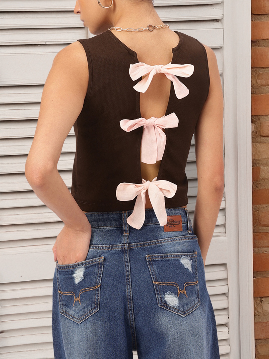 

DressBerry Bow Tie Back Beauty Crop Top, Brown