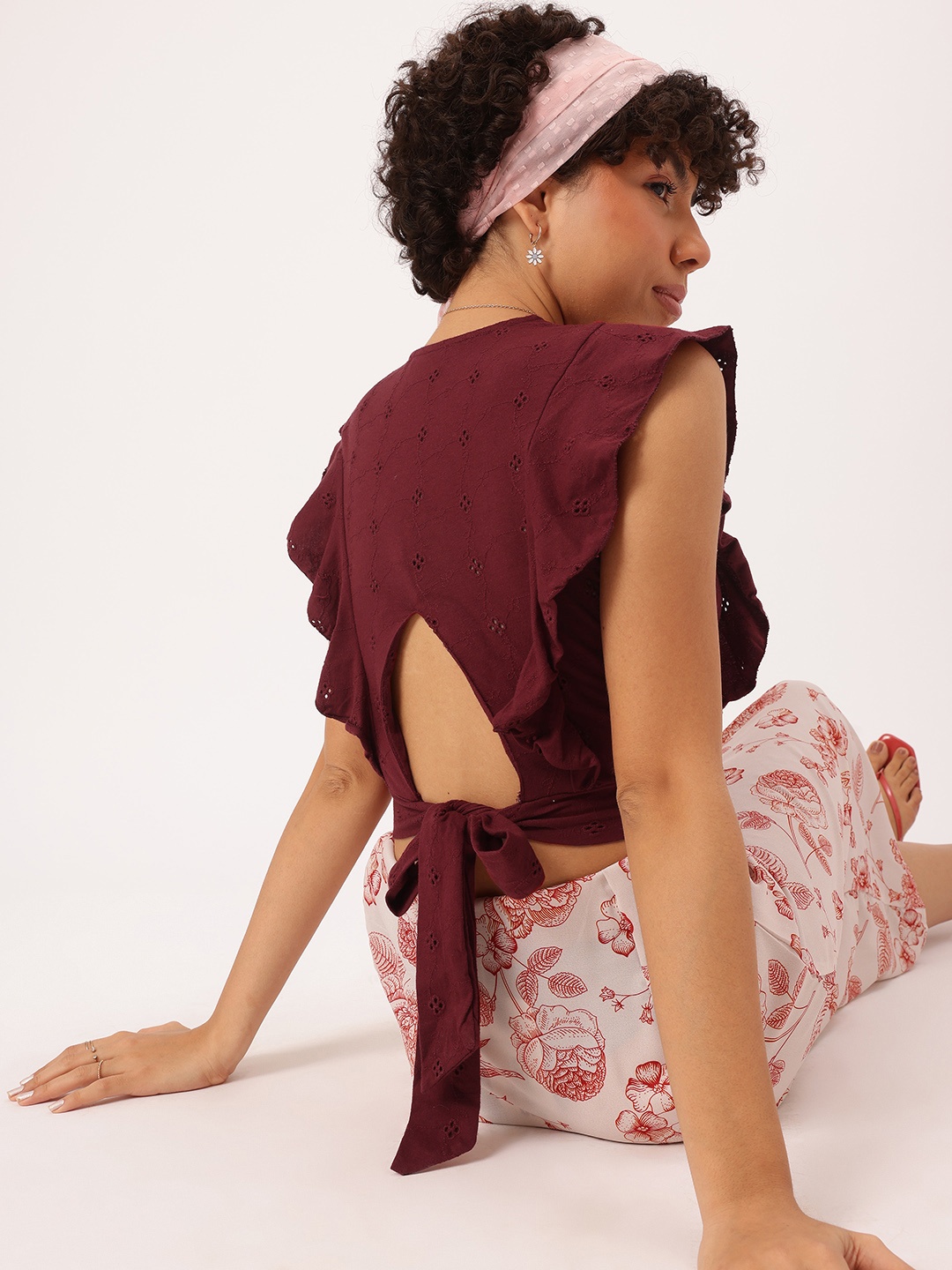 

DressBerry Schiffli Slay Ruffled Cut-Out Tie-Up Back Wrap Crop Top, Burgundy