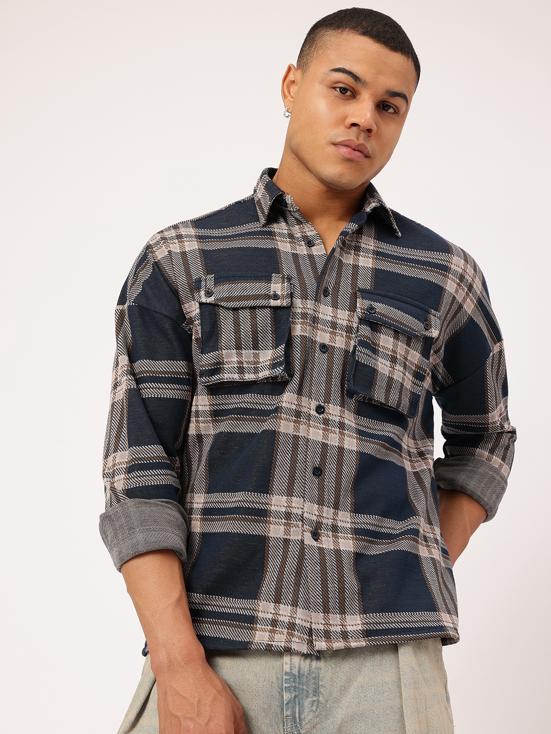 

Kook N Keech Checked Flannel Relaxed Shacket, Navy blue